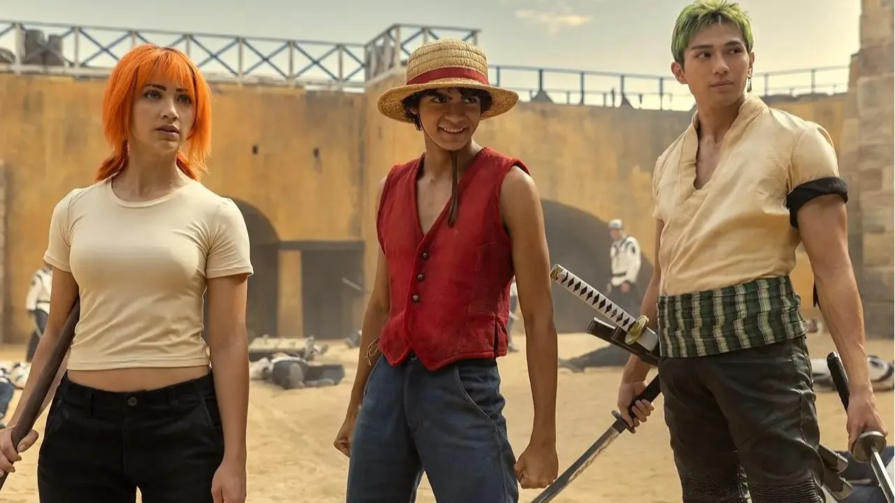 foto de Mackenyu, Emily Rudd e Iñaki Godoy em "One Piece" (Netflix)