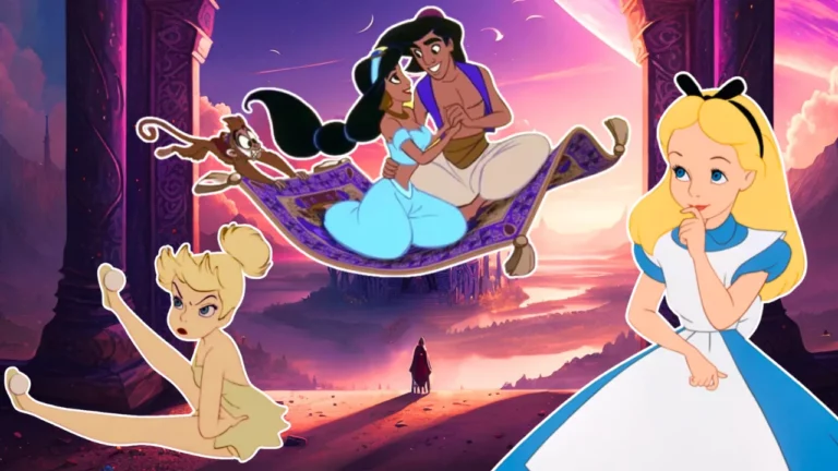 Montagem com Aladdin, Jasmine, Sininho e Alice
