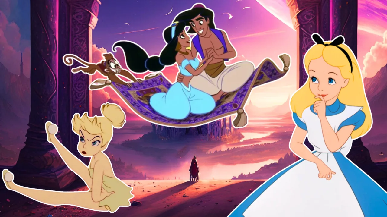 Montagem com Aladdin, Jasmine, Sininho e Alice