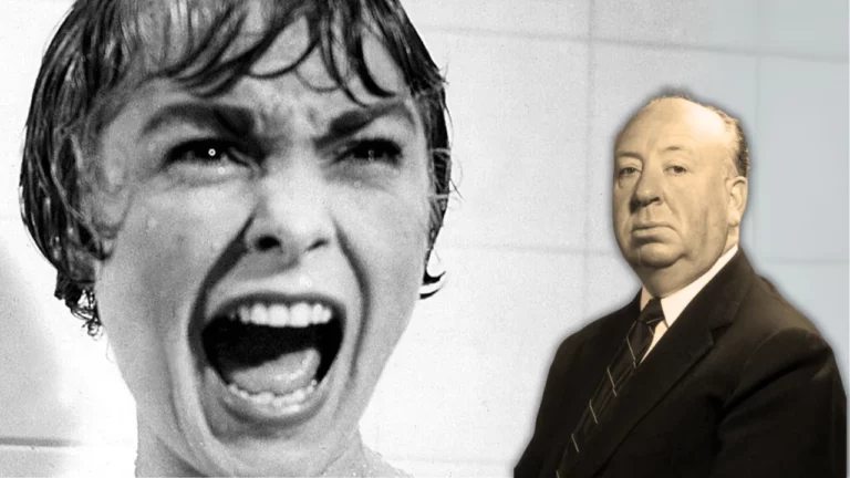 Alfred Hitchcok ao lado de personagem do filme "Psicose"